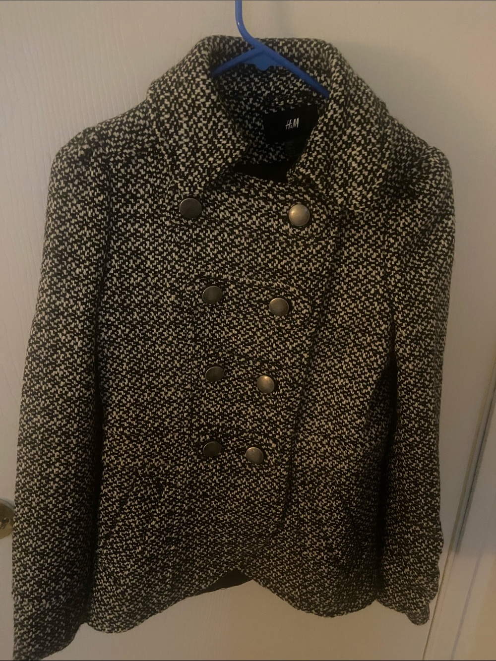 H&M Black and White Tweed Double-Breasted Peacoat